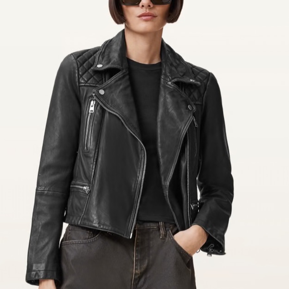 ALLSAINTS Cargo Distressed Leather Moto Biker Black Jacket Quilted Size 2